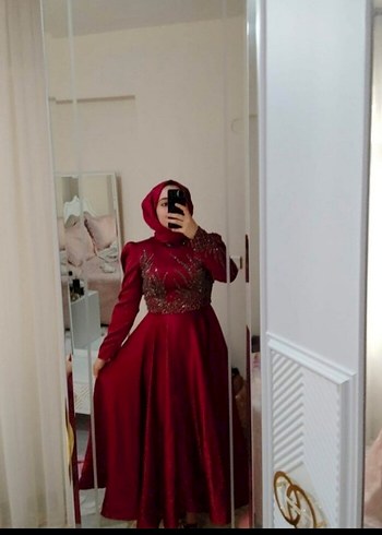 42 Beden bordo Renk Bordo İşlemeli Uzun Kollu Abiye Elbise