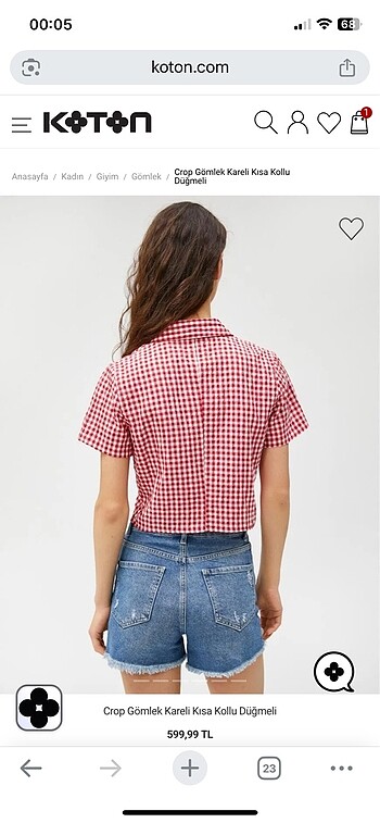 Crop Gömlek Kareli Kısa Kollu Düğmeli - Görsel 2