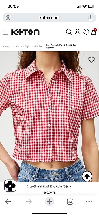 Crop Gömlek Kareli Kısa Kollu Düğmeli - Görsel 3