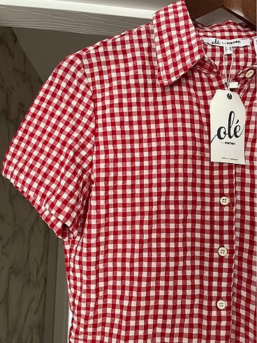 Crop Gömlek Kareli Kısa Kollu Düğmeli - Görsel 6