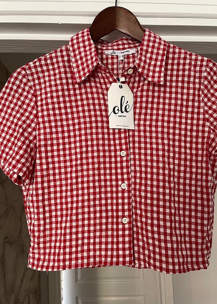 Crop Gömlek Kareli Kısa Kollu Düğmeli - Görsel 5