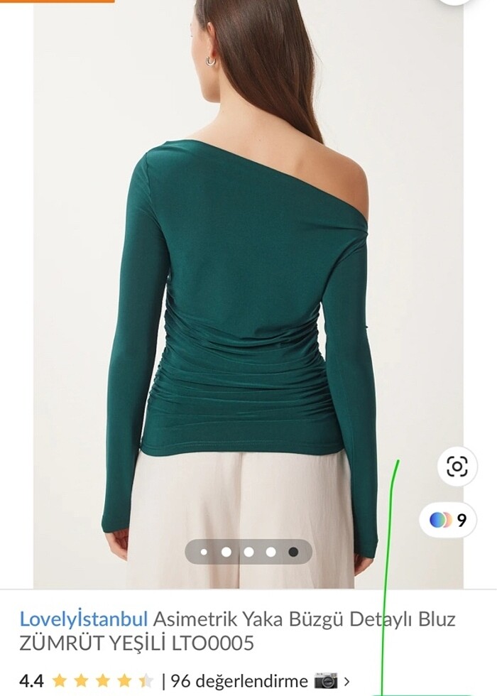 Asimetrik yaka büzgülü zümrüt yeşili bluz - Görsel 2