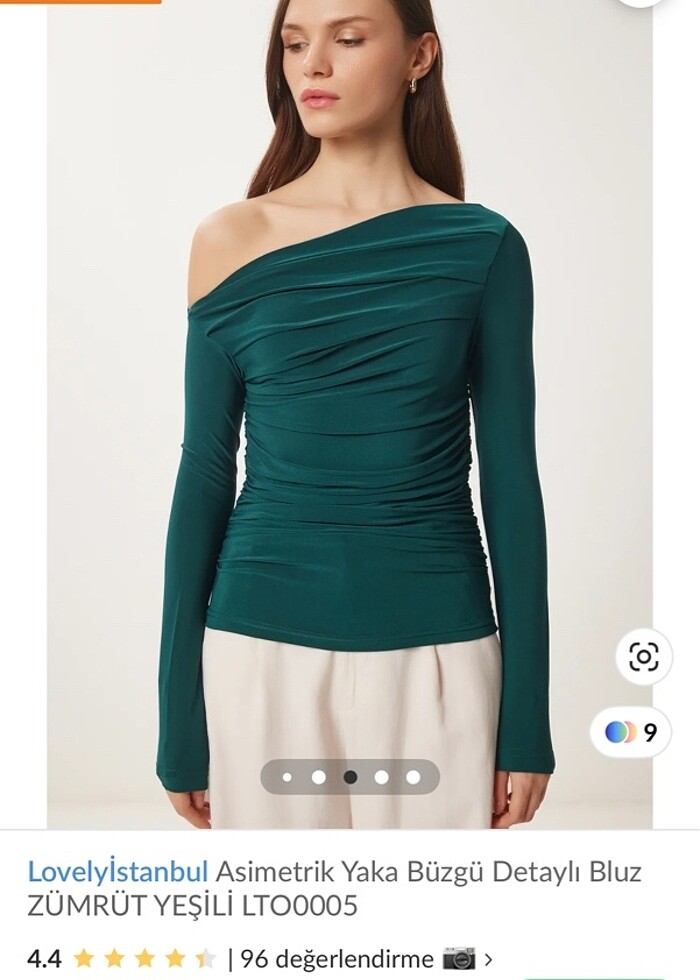 Asimetrik yaka büzgülü zümrüt yeşili bluz - Görsel 3
