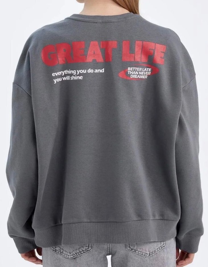 Gri Baskılı Oversize Sweatshirt - Görsel 2