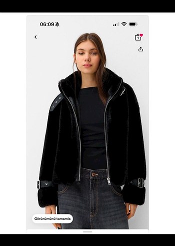 Bershka Siyah Tüylü Rahat Kesim Kadın mont