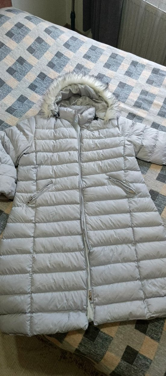 Gri Uzun Kadın Kış Montu Kürklü Kapüşonlu - Görsel 4