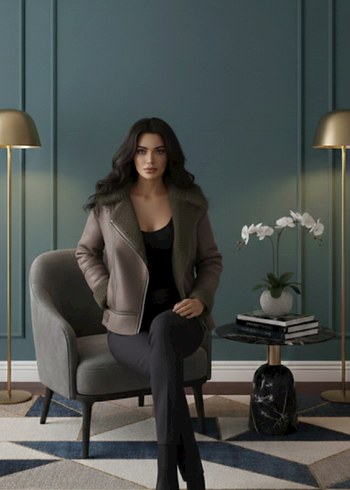 Kürklü Gri Deri Kadın Ceket - Görsel 4