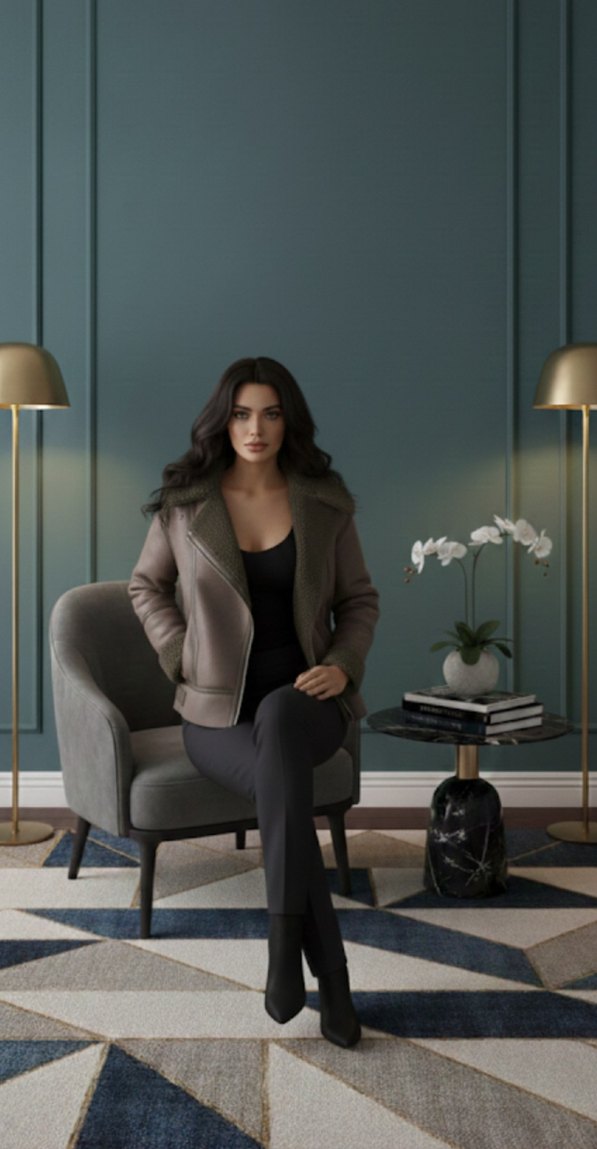 Kürklü Gri Deri Kadın Ceket - Görsel 4