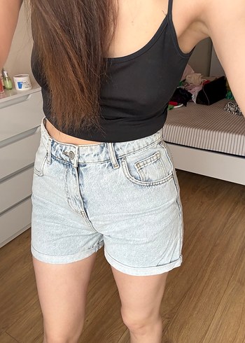 Gri Batik Desenli Salaş Midi Kot Şort - Görsel 2