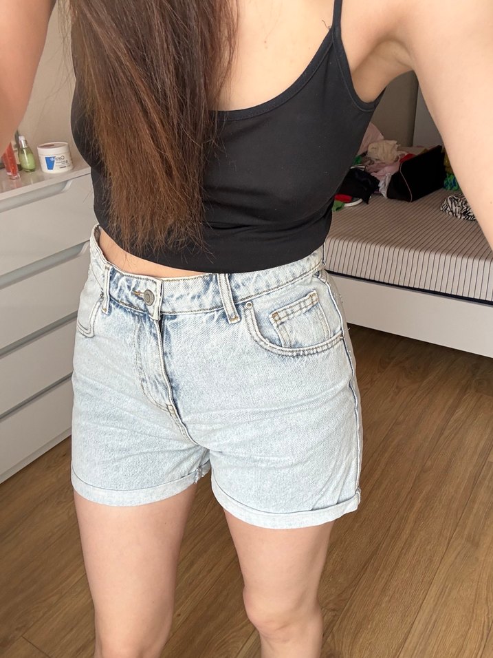 Gri Batik Desenli Salaş Midi Kot Şort - Görsel 2