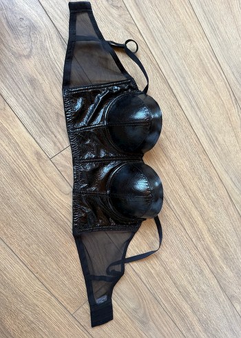 Siyah Deri Straplez Gotik Bustiyer - Görsel 2