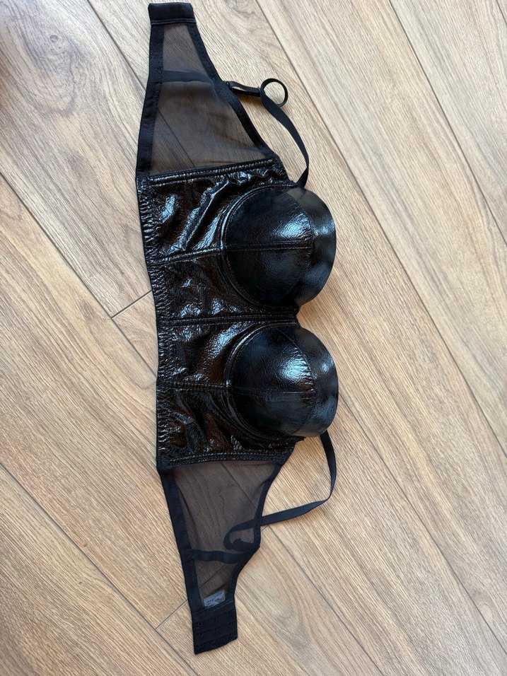 Siyah Deri Straplez Gotik Bustiyer - Görsel 2