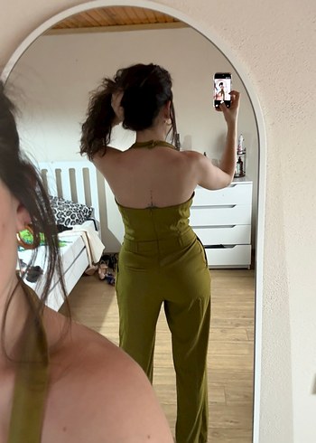 Kadın Parlak Haki Midi Tulum - Görsel 4