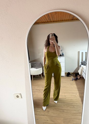 Kadın Parlak Haki Midi Tulum - Görsel 2