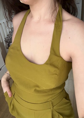 Kadın Parlak Haki Midi Tulum - Görsel 6