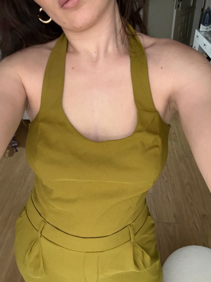 Kadın Parlak Haki Midi Tulum - Görsel 5