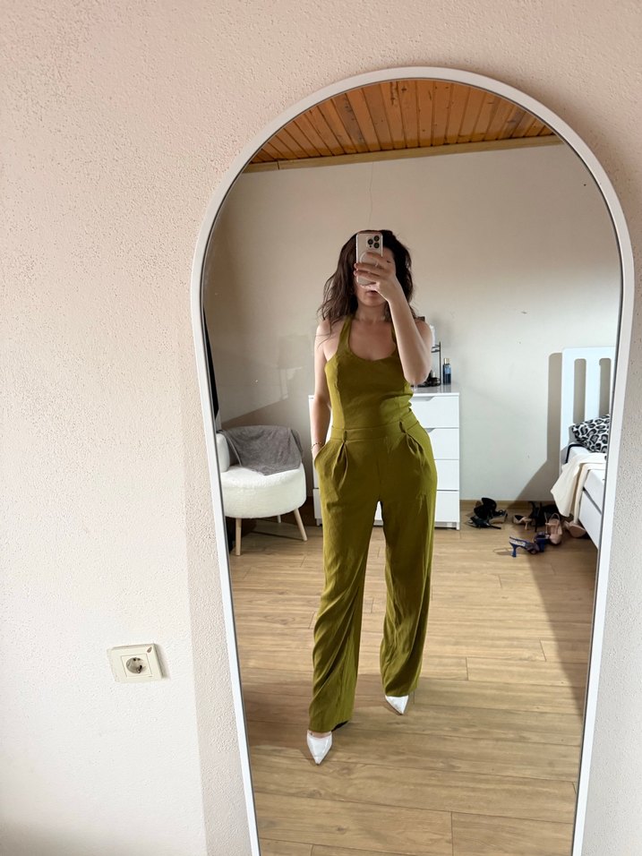 Kadın Parlak Haki Midi Tulum - Görsel 2