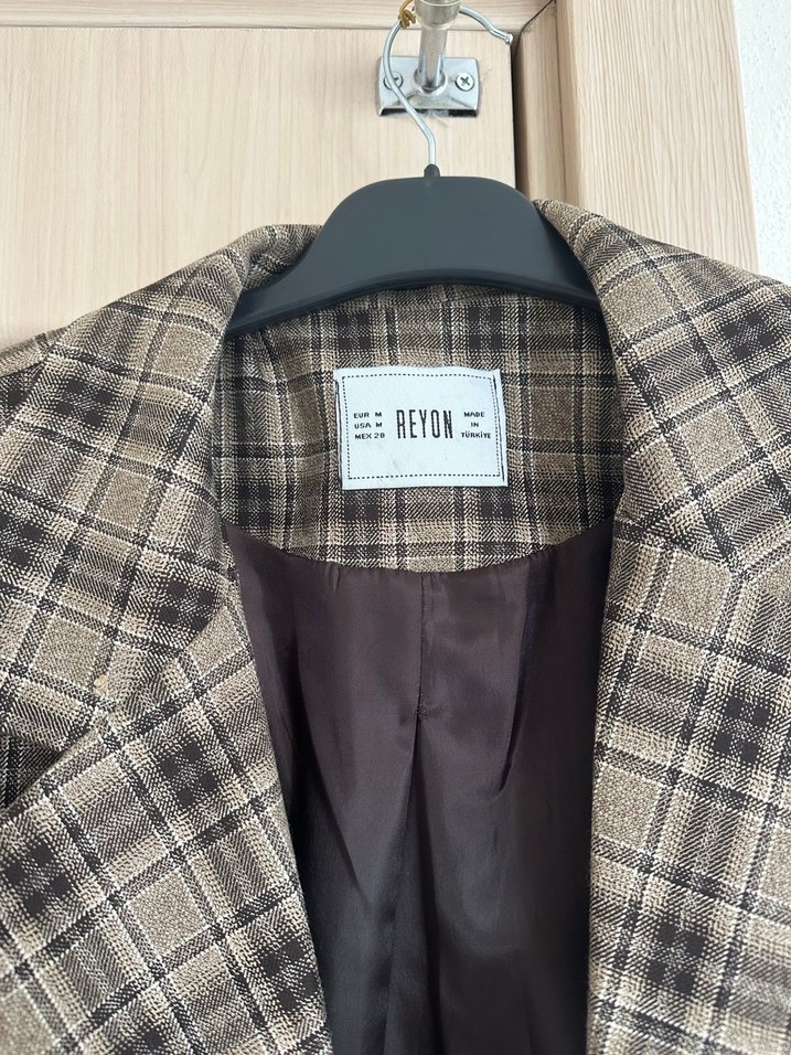 Düğmeli Ekose Desenli Kadın Blazer Ceket - Görsel 2
