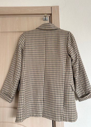 Düğmeli Kahverengi Ekose Midi Blazer - Görsel 3