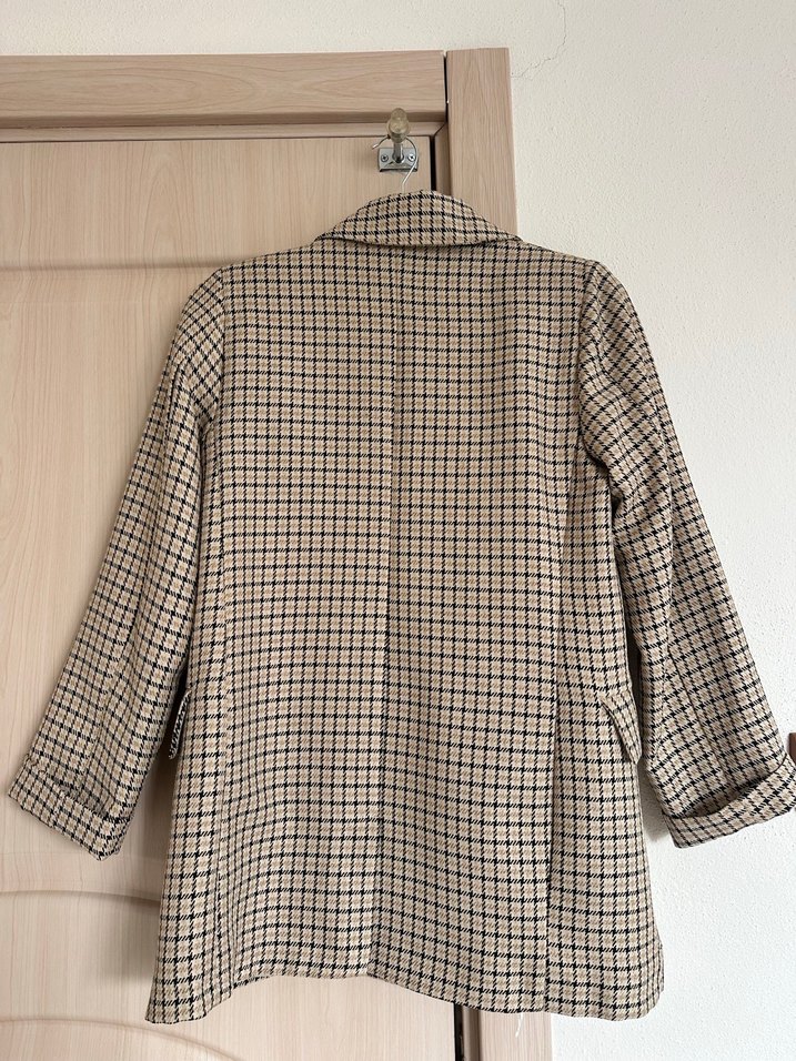 Düğmeli Kahverengi Ekose Midi Blazer - Görsel 3