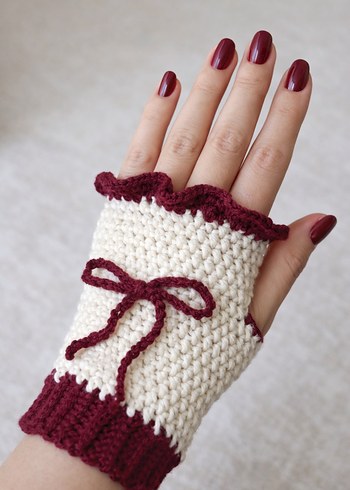 Bordo-Beyaz Örgü Bohem Kadın Eldiveni - Görsel 2