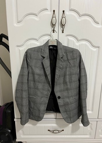 Gri Ekose Desenli Kadın Blazer Ceket - Görsel 2