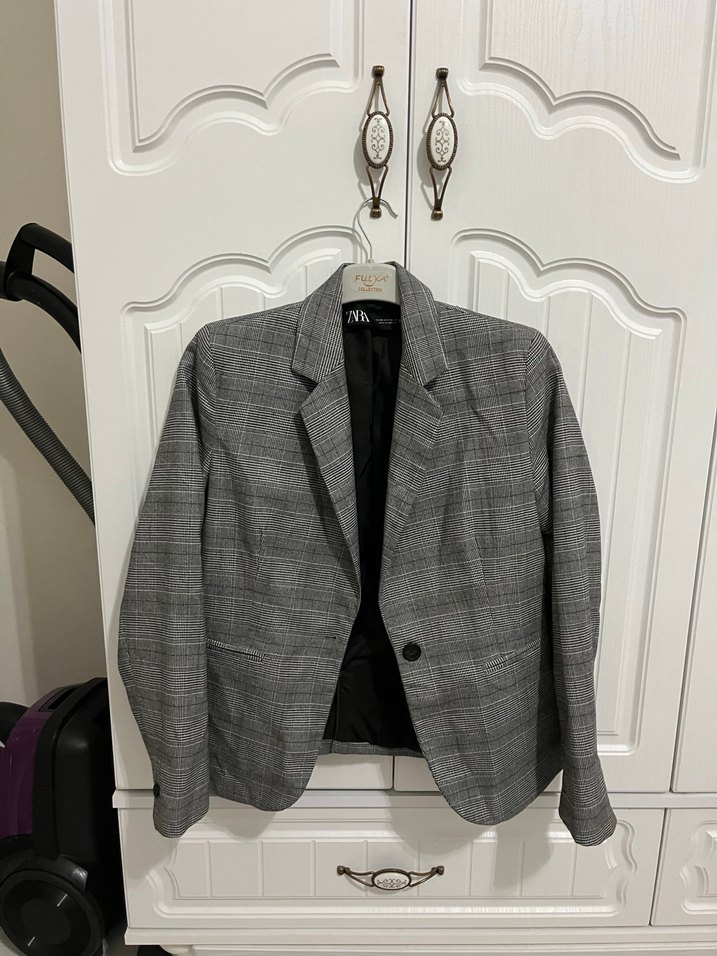 Gri Ekose Desenli Kadın Blazer Ceket - Görsel 2