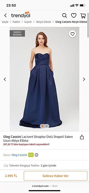 Oleg Cassini Saten Straplez Abiye Gece Elbisesi