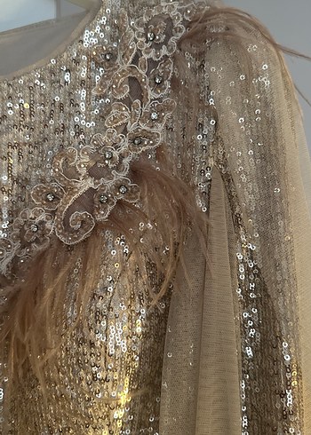 Uzun Parlak Nakışlı Beige Abiye Elbise - Görsel 6