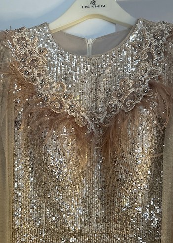 Uzun Parlak Nakışlı Beige Abiye Elbise - Görsel 5