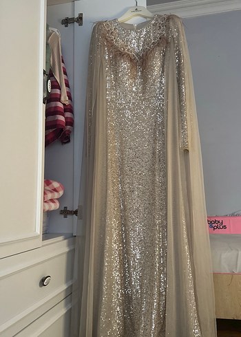 Uzun Parlak Nakışlı Beige Abiye Elbise - Görsel 7