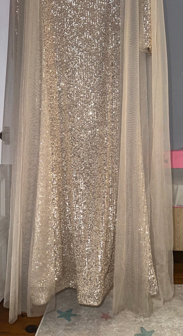 Uzun Parlak Nakışlı Beige Abiye Elbise - Görsel 4