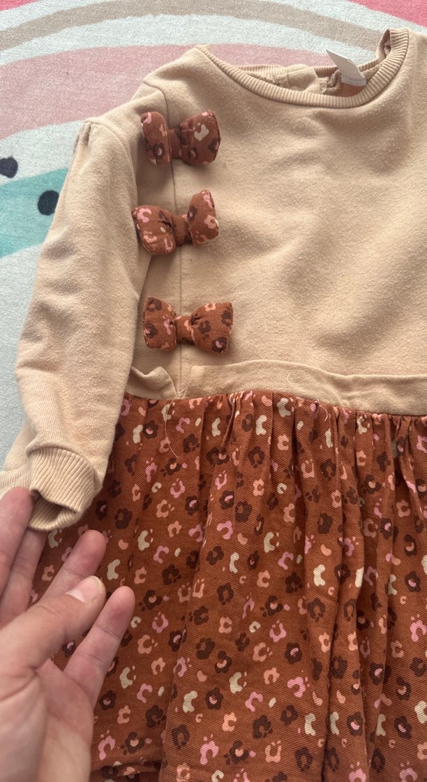 Kahverengi Uzun Kollu Kız Çocuk Elbise - Görsel 5