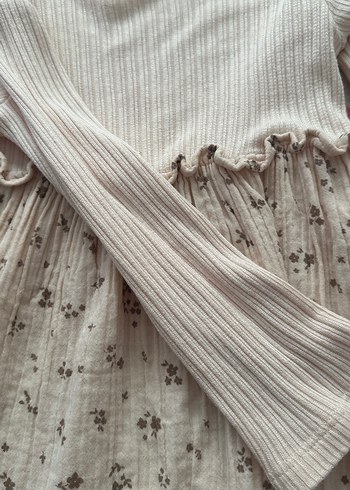 Bej Nakışlı Uzun Kollu Kız Elbisesi Müslim likralı esnek - Görsel 4