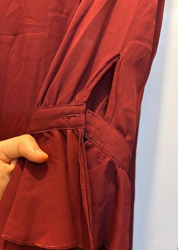 Bordo V Yaka Volanlı Kadın elbise - Görsel 5