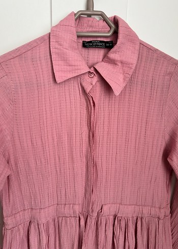 Pembe Keten Uzun Kollu Piliseli Elbise - Görsel 2