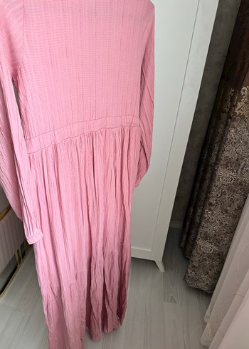 Pembe Keten Uzun Kollu Piliseli Elbise - Görsel 3