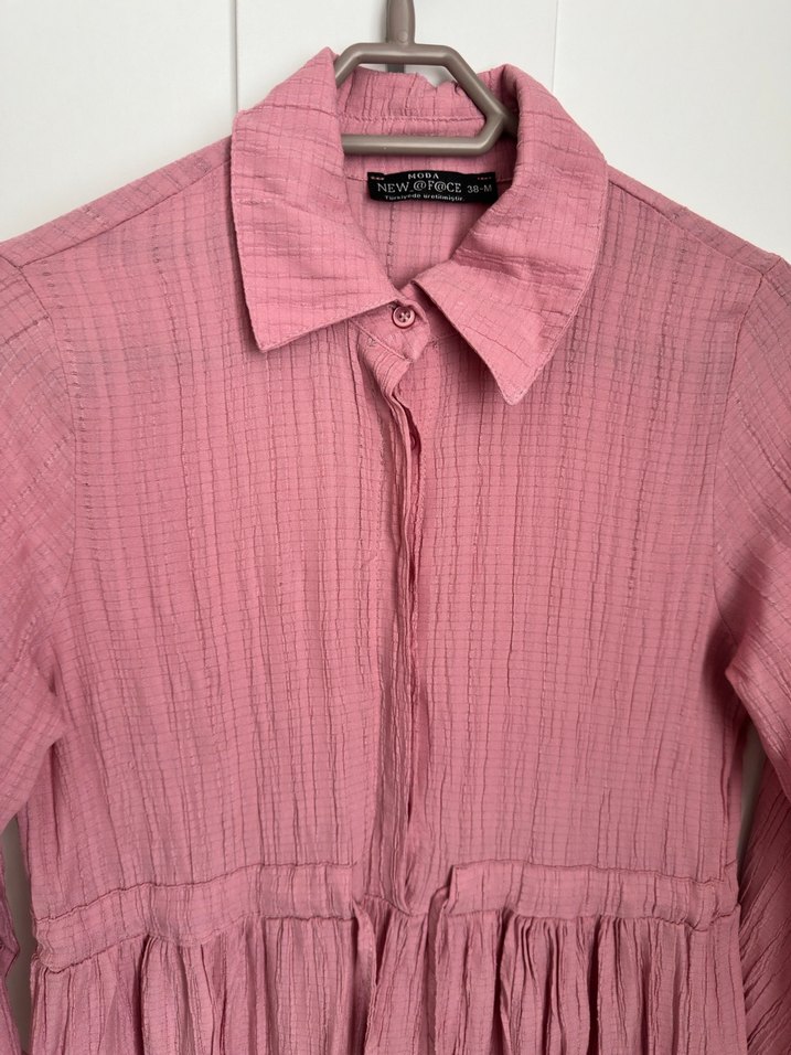 Pembe Keten Uzun Kollu Piliseli Elbise - Görsel 2