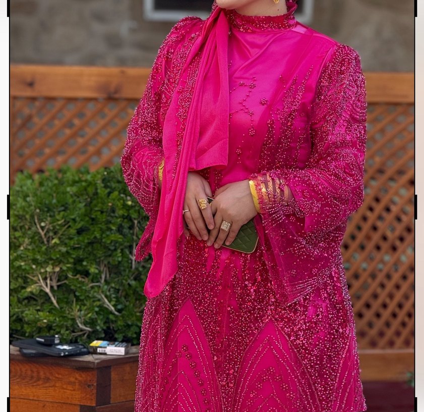 Pembe Parlak Uzun Kollu Drapeli Kadın yöresel elbise - Görsel 2