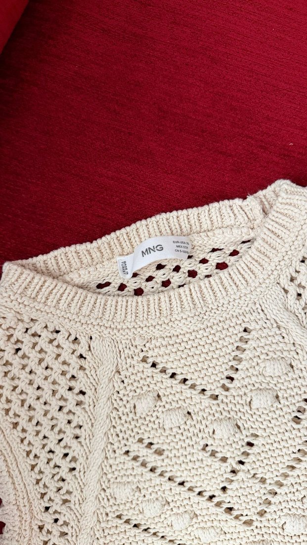 Bej Örgü Bohem Kolsuz Süveter - Görsel 3