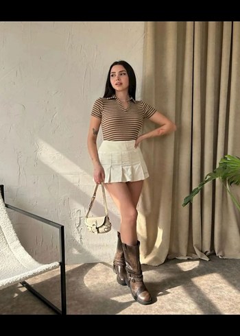 Bej Çizgili crop/tişört - Görsel 2