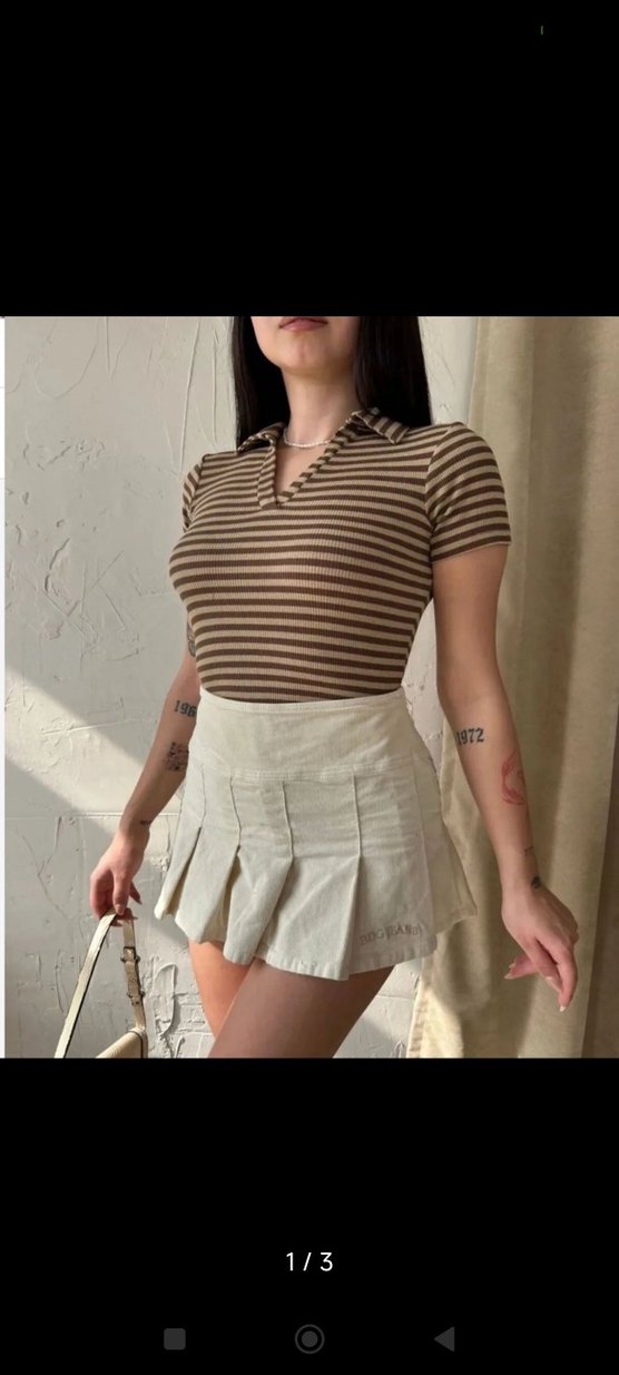 Bej Çizgili crop/tişört - Görsel 3