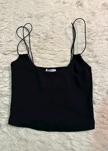 Siyah İnce İp Askılı Kadın Crop