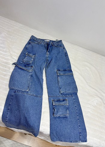 Bershka Mavi Denim Kargo Pantolon