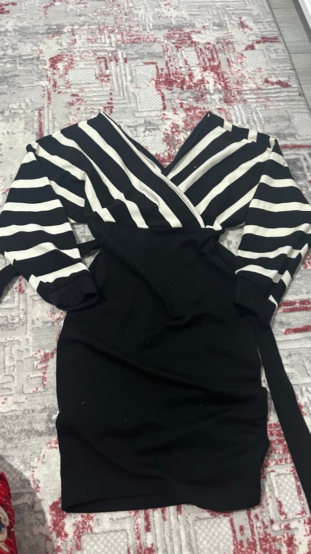 Zebra Desenli V Yaka Uzun Kollu Elbise - Görsel 4