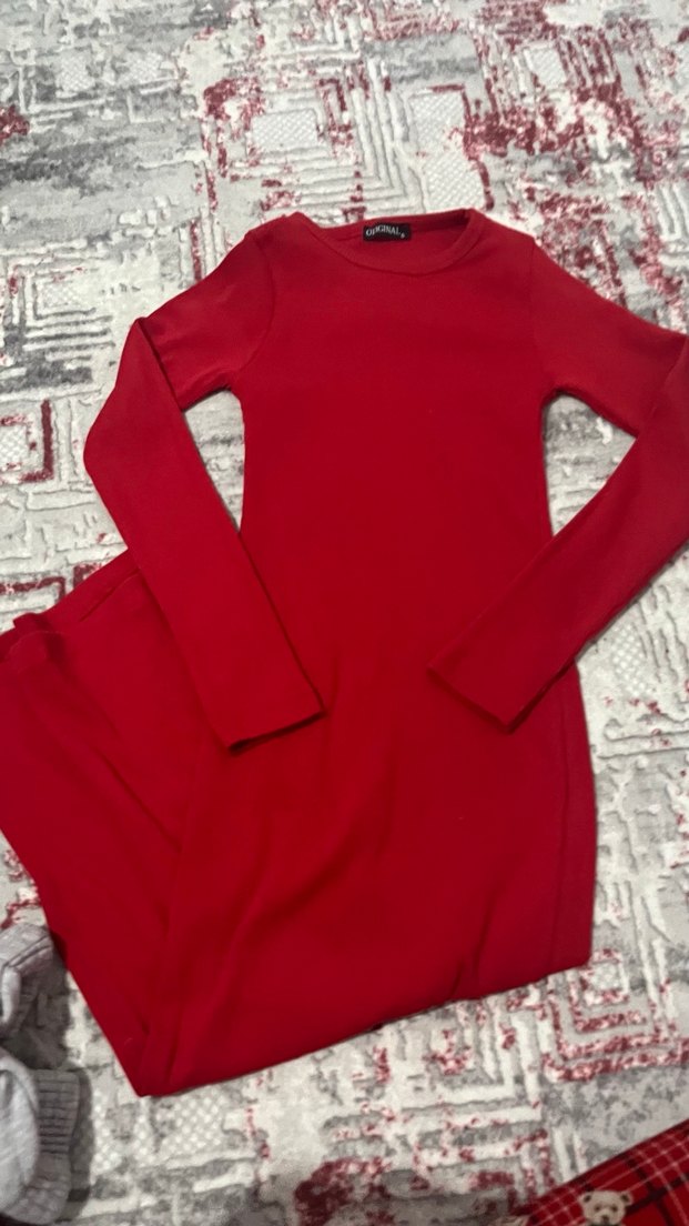 Kırmızı Uzun Kollu Kadın Elbise - Görsel 2