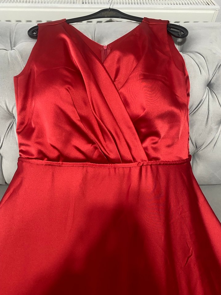 Kırmızı Drapeli Uzun Abiye Elbise - Görsel 3