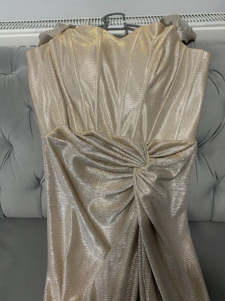 Parlak Bej Drapeli Uzun Straplez Abiye - Görsel 3