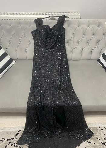 Drapeli Siyah Uzun Abiye Elbise - Görsel 2