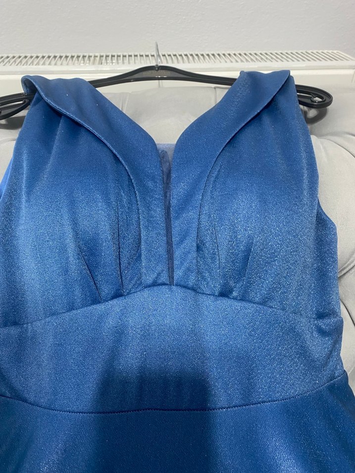 Uzun, V Yakalı, Drapeli Parlak Mavi Abiye - Görsel 2